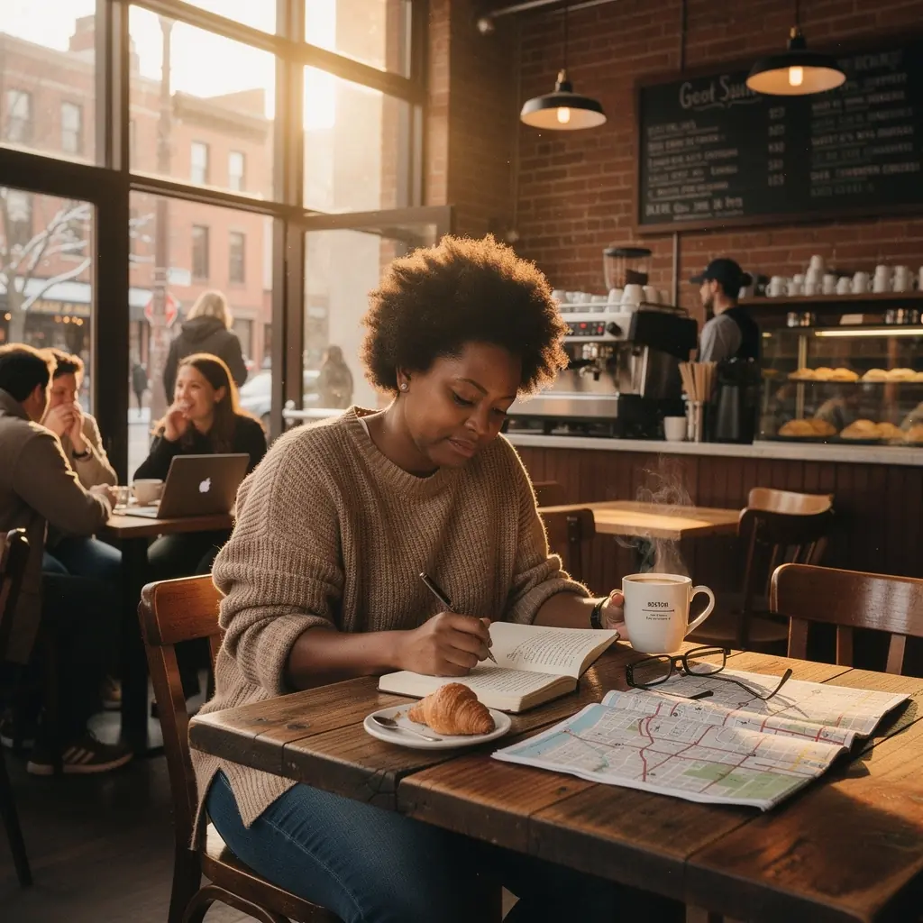 Женщина, сидящая у костра и записывающая свои впечатления в блокнот.