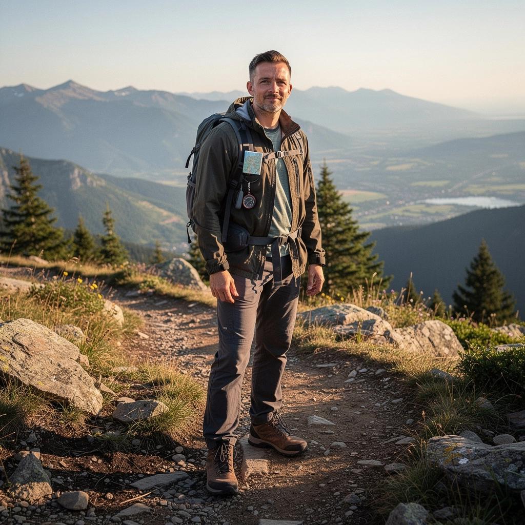 Женщина с рюкзаком стоит на краю утеса, любуясь видом.